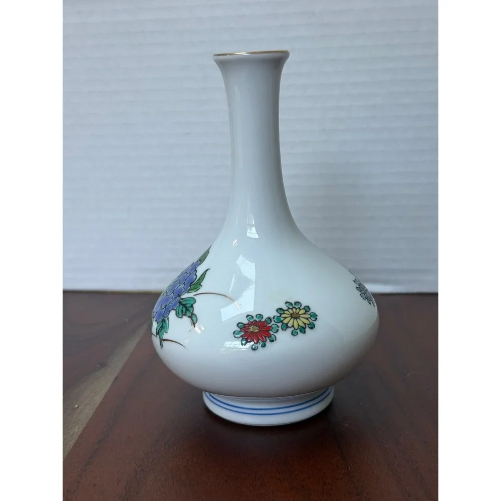Vintage Japanese Kutani‎ Porcelain Bud Vase Floral Peony Gold Trim Hand Painted